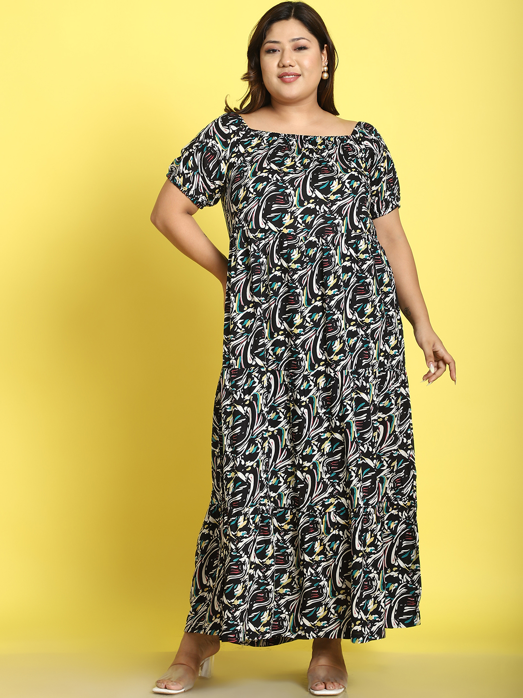 Women's Plus Size Black abstract printed A-Line Maxi dress