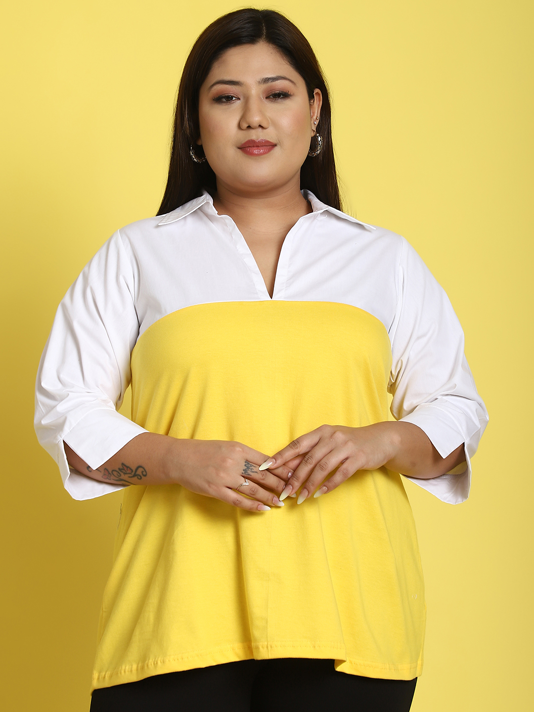 Women's Plus Size Yellow & White Color Block Shirt Collar Top