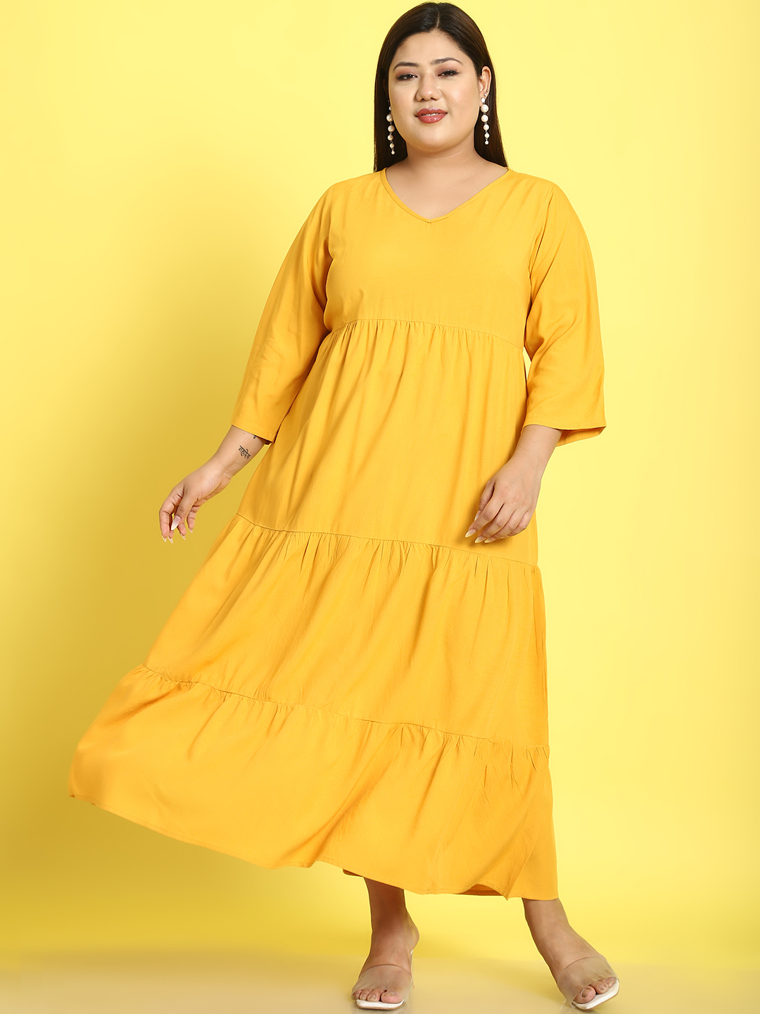 Women's Plus Size Yellow Solid Color A-Line Midi dress