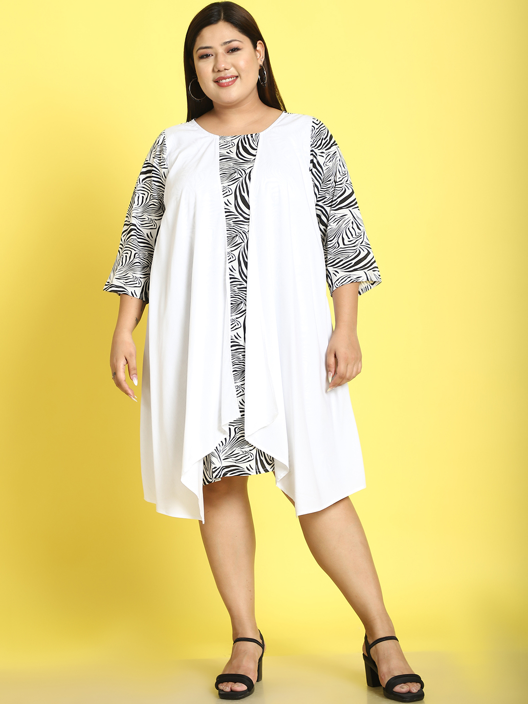 Women's Plus Size White & Black zebra printed dress with attached white solid color mock layered jacket
