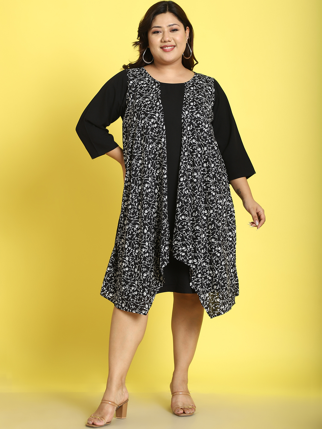 Women's Plus Size Black solid color dress with attached black small floral printed mock layered jacket