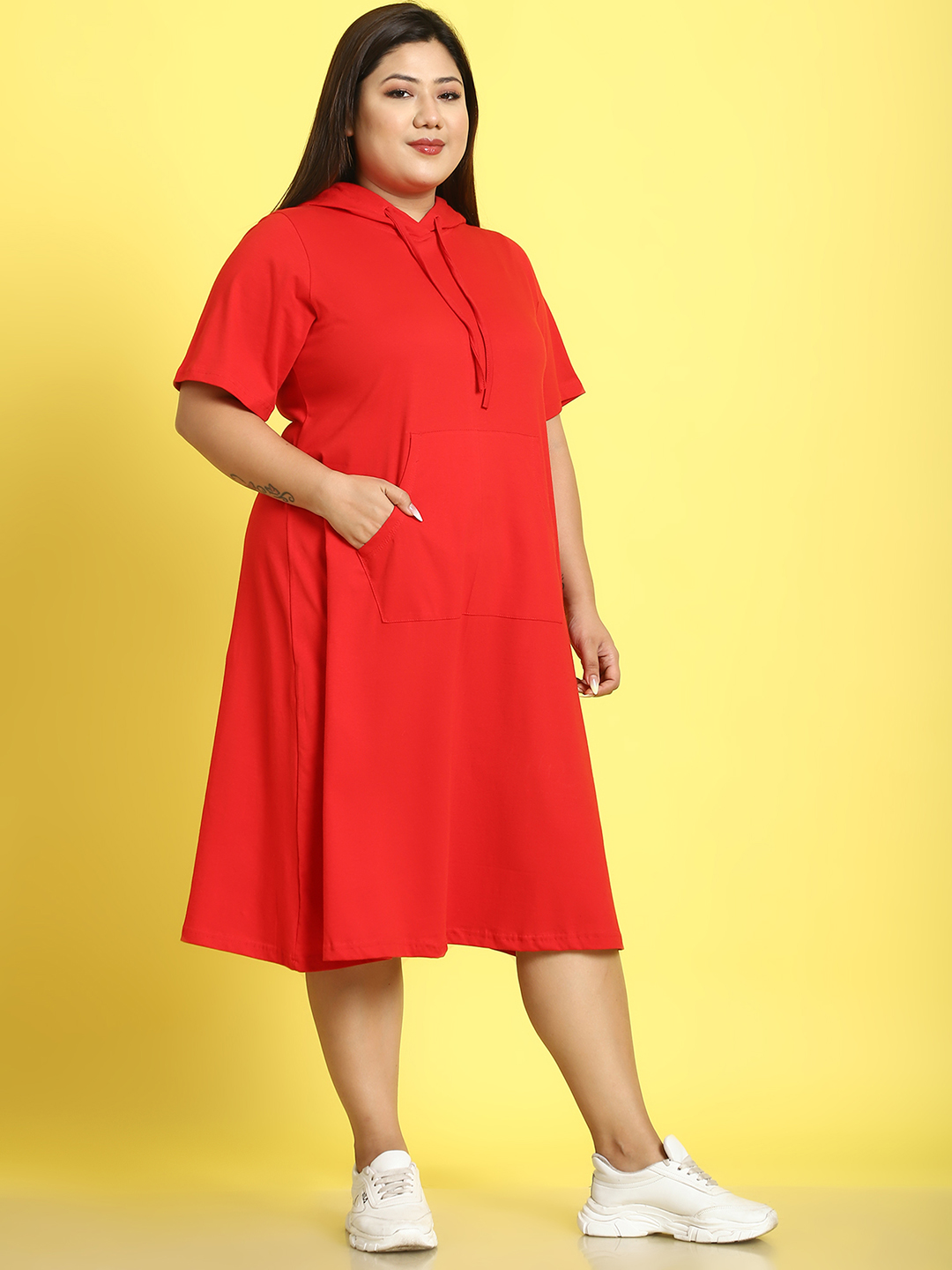 Women's Plus Size Red Solid Color Cotton Knitted A-Line Dress