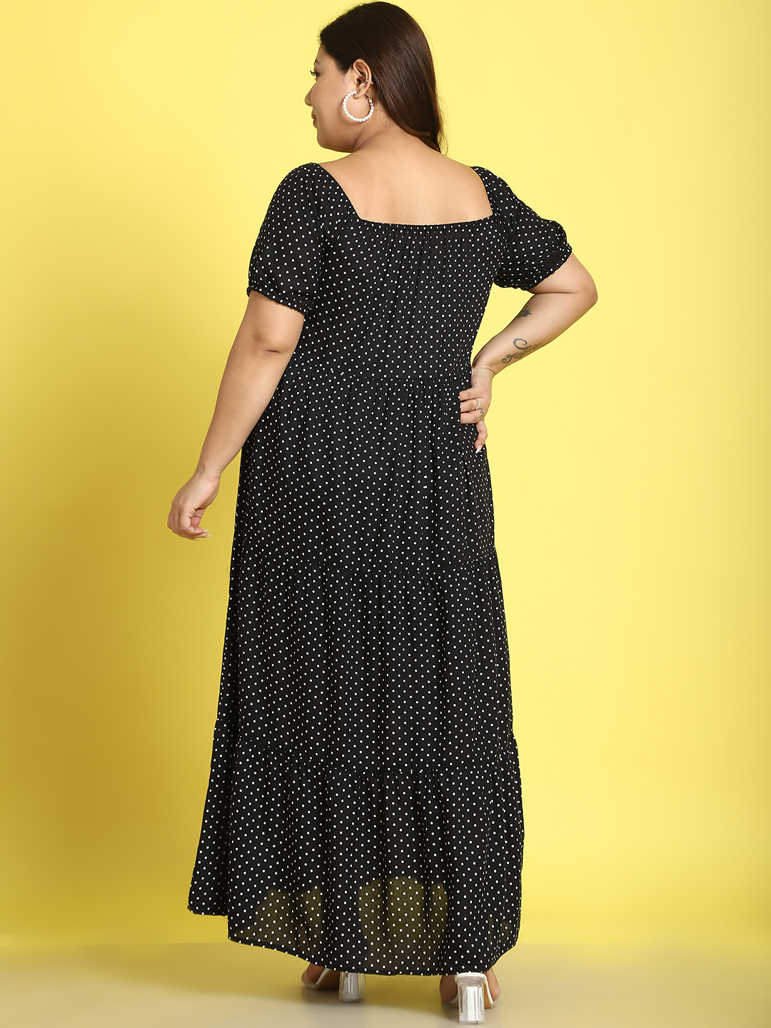Women's Plus Size Black polka dot printed A-Line Maxi dress