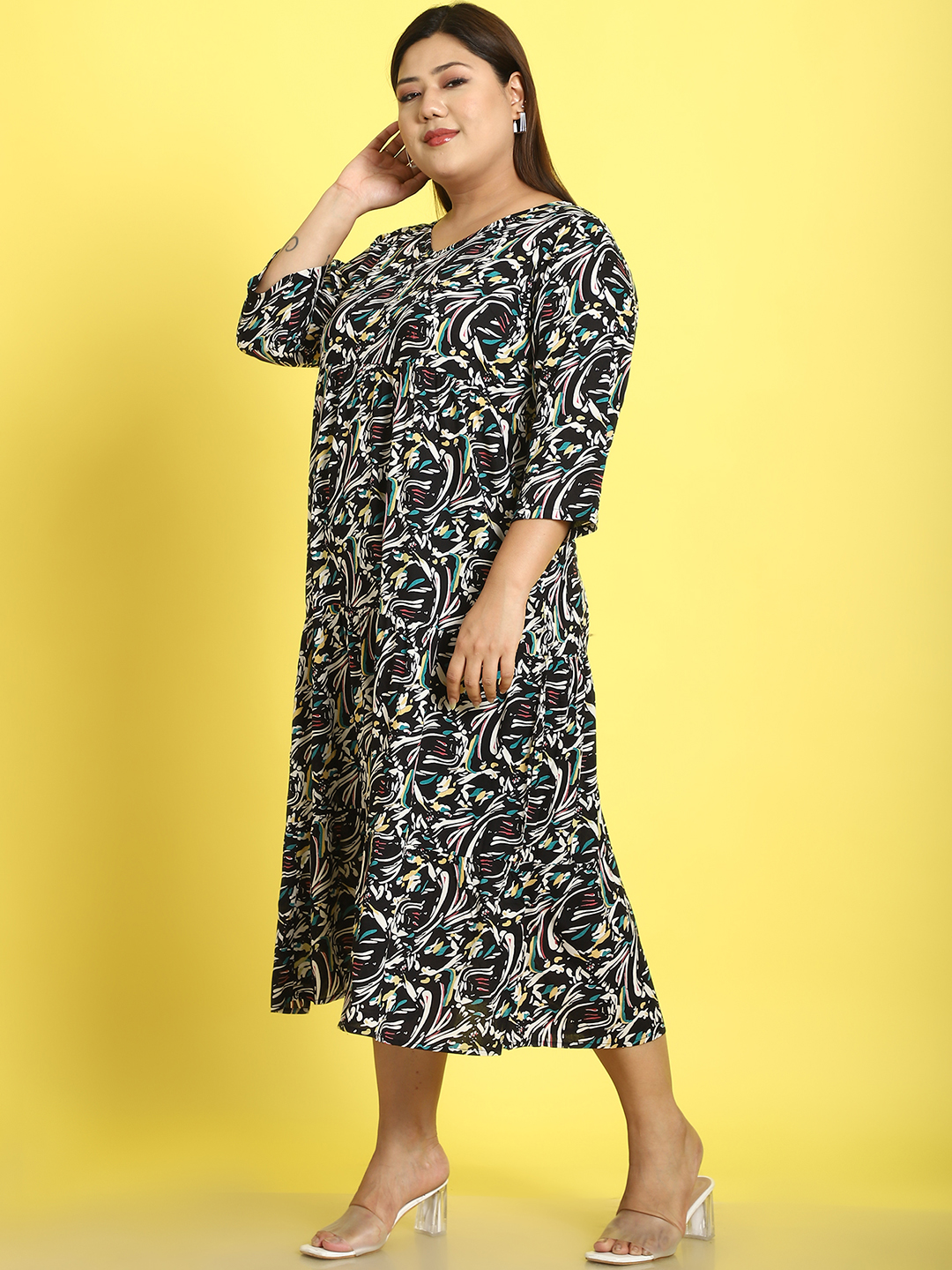 Women's Plus Size Black Abstract floral printed A-Line Midi dress