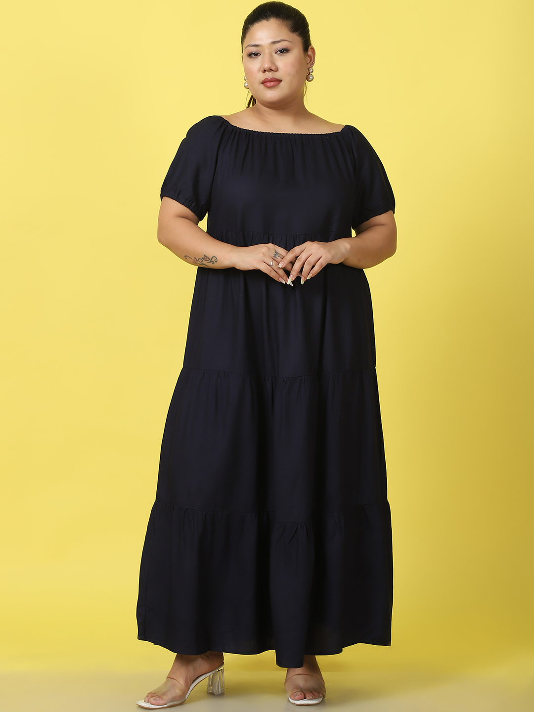 Women's Plus Size Navy Blue solid color A-Line Maxi dress