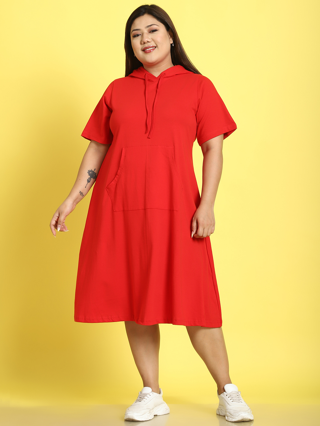Women's Plus Size Red Solid Color Cotton Knitted A-Line Dress