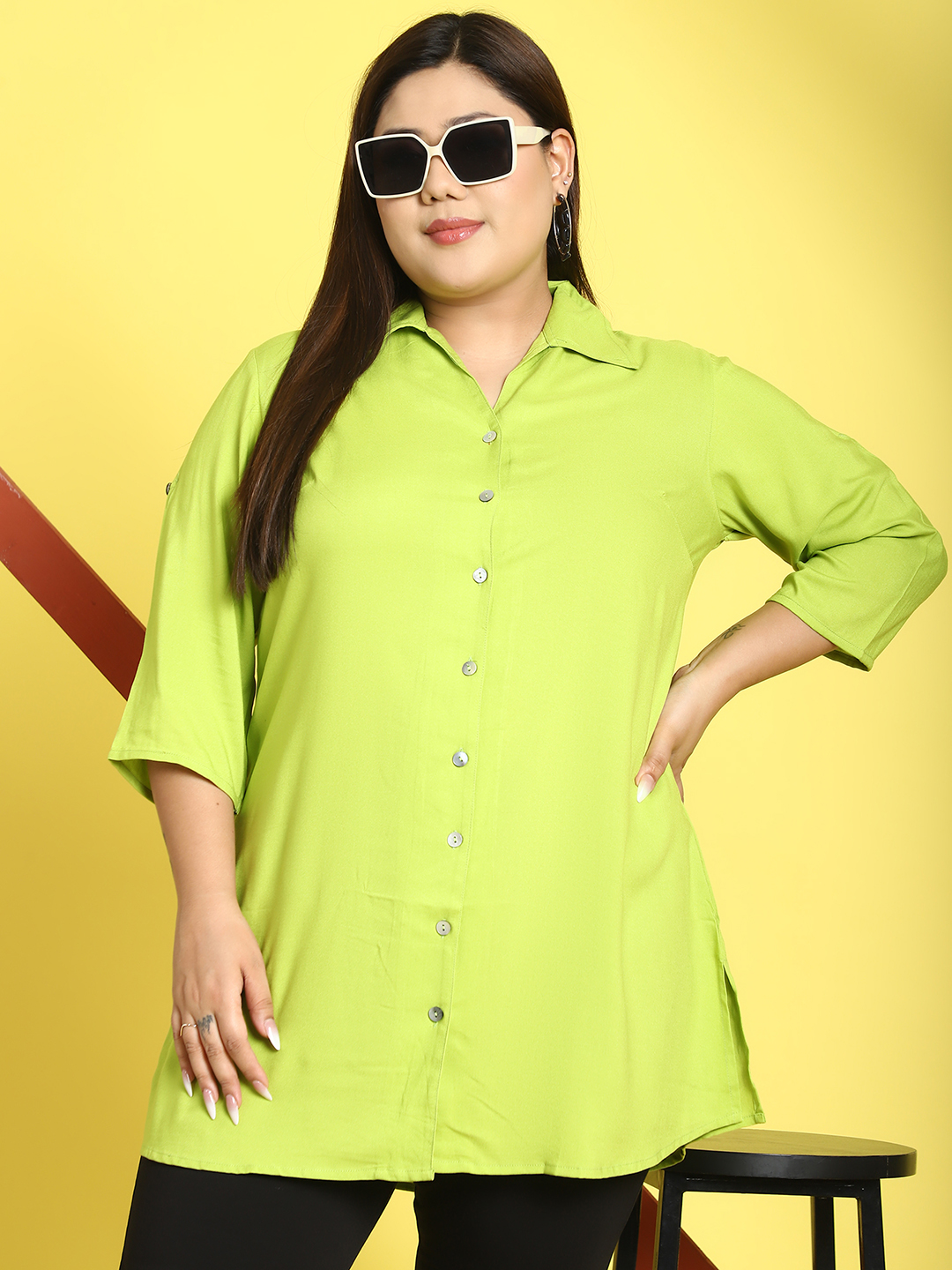 Women's Plus Size Green Solid Color woven casual shirt
