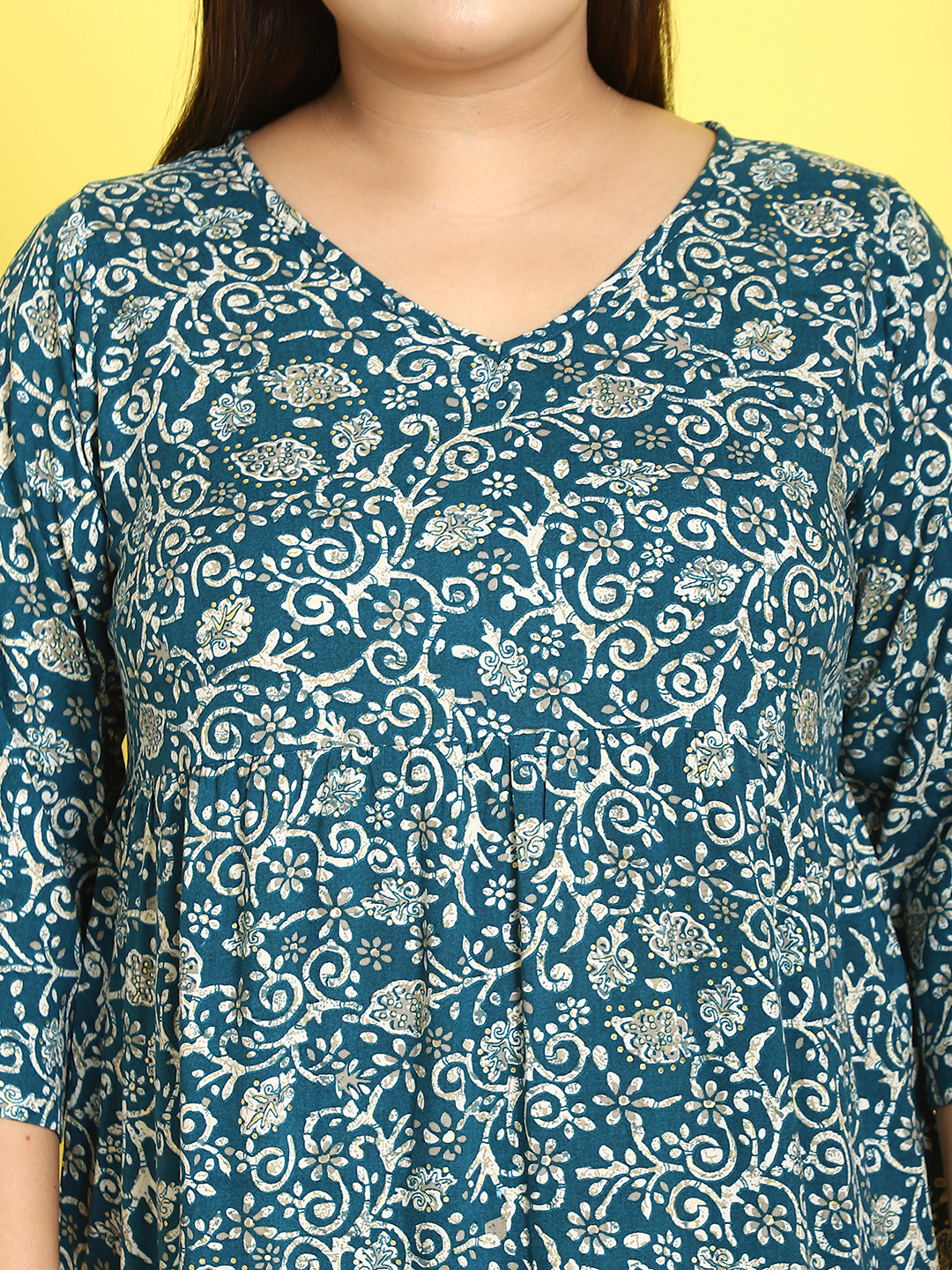 Women's Plus Size Teal Batik floral printed A-Line Midi dress