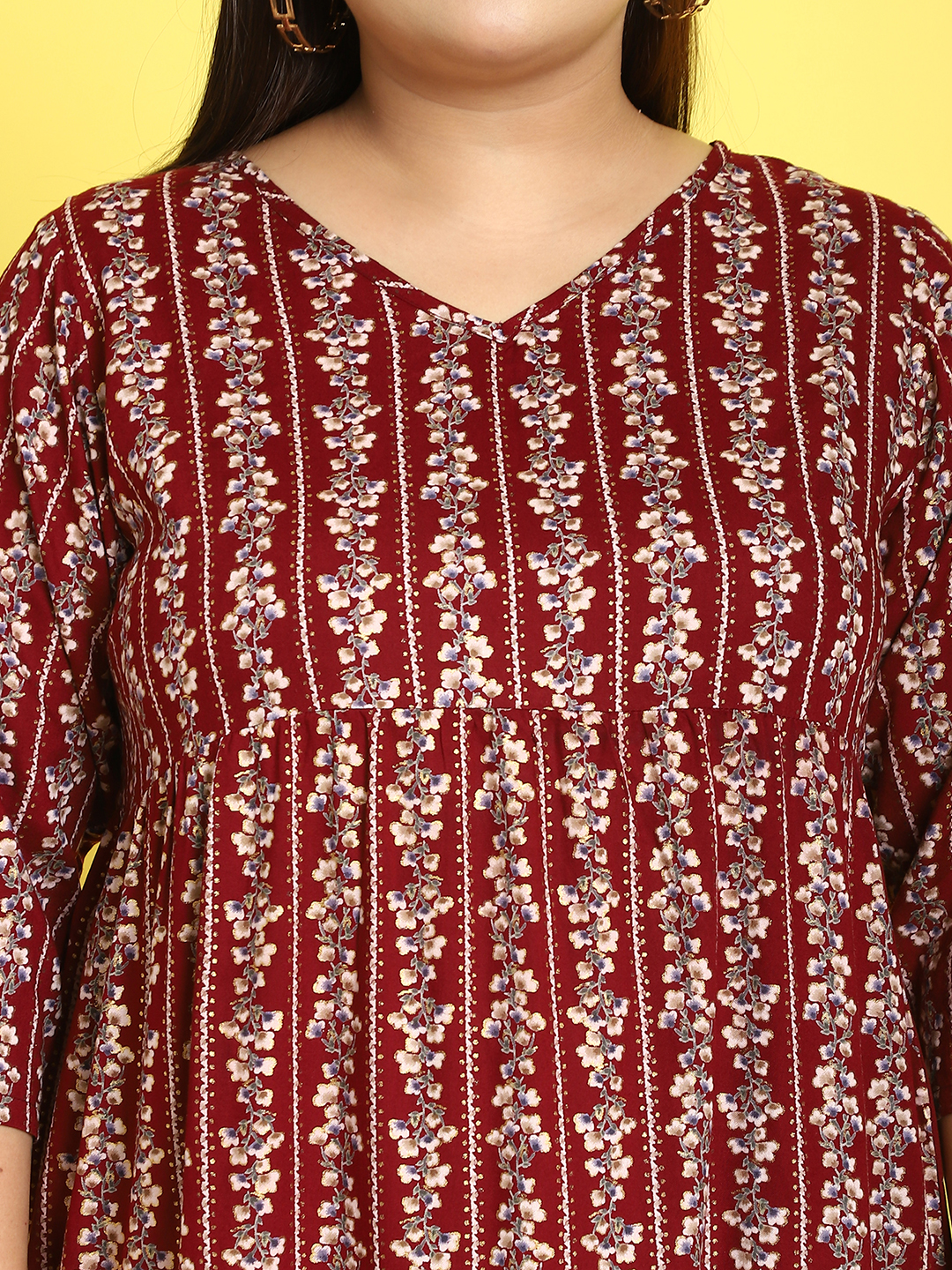 Women's Plus Size Maroon Gold Foil Printed A-Line Midi dress