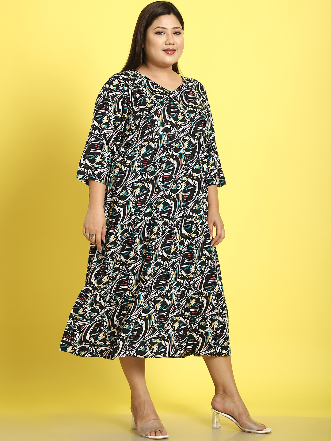Women's Plus Size Black Abstract floral printed A-Line Midi dress
