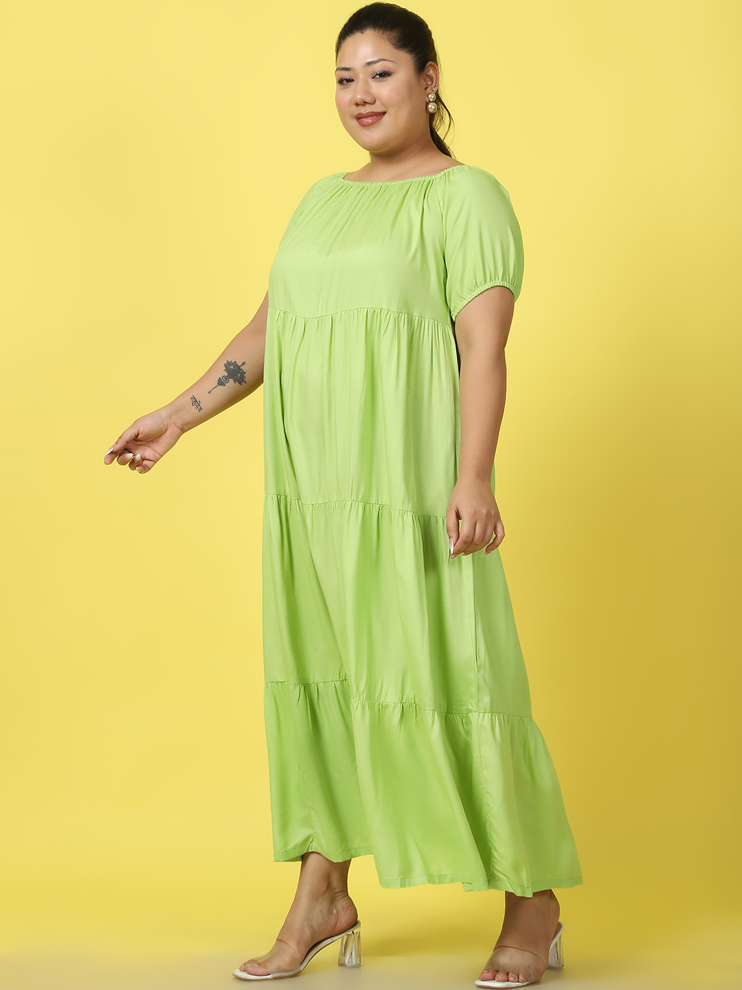 Women's Plus Size Green solid color A-Line Maxi dress