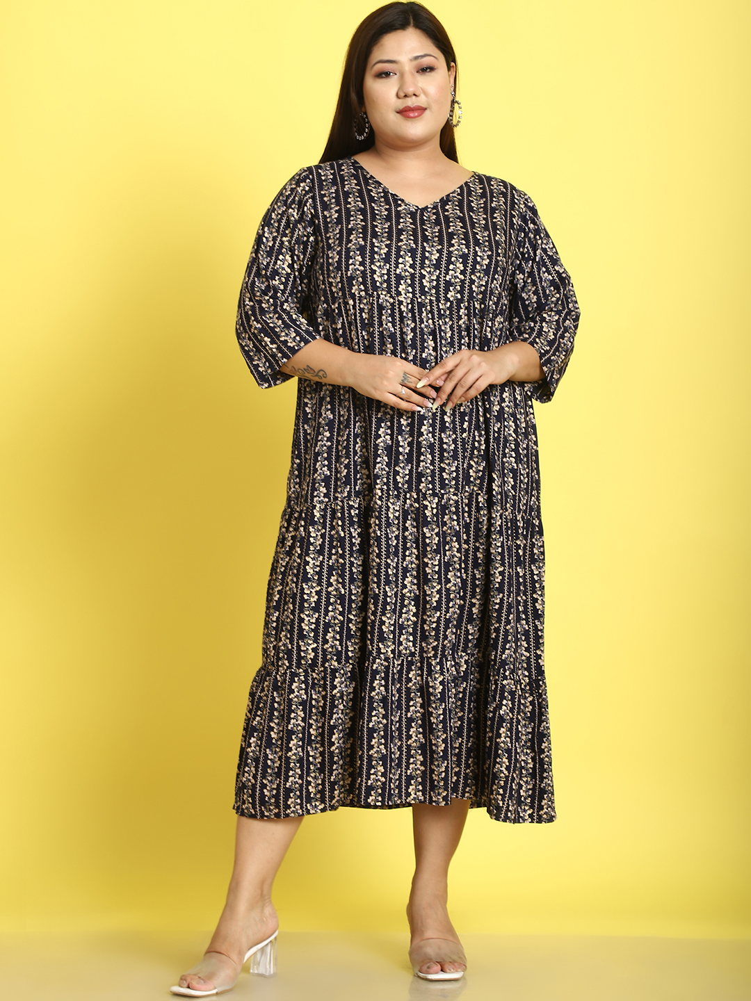Women's Plus Size Navy Gold Foil Printed A-Line Midi dress