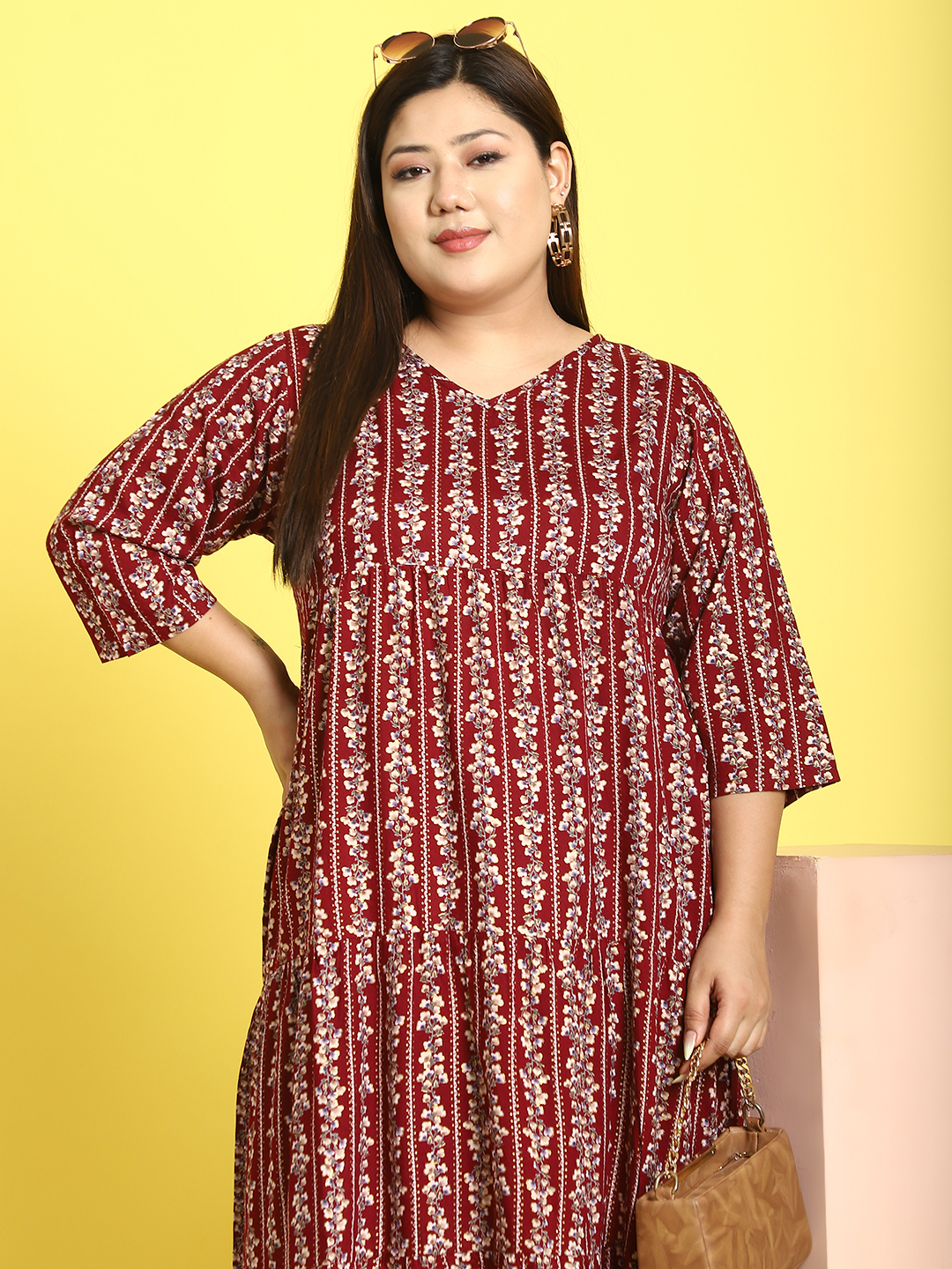 Women's Plus Size Maroon Gold Foil Printed A-Line Midi dress