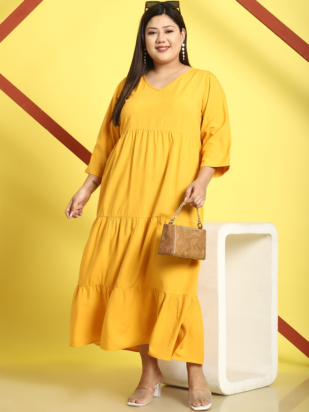 Women's Plus Size Yellow Solid Color A-Line Midi dress