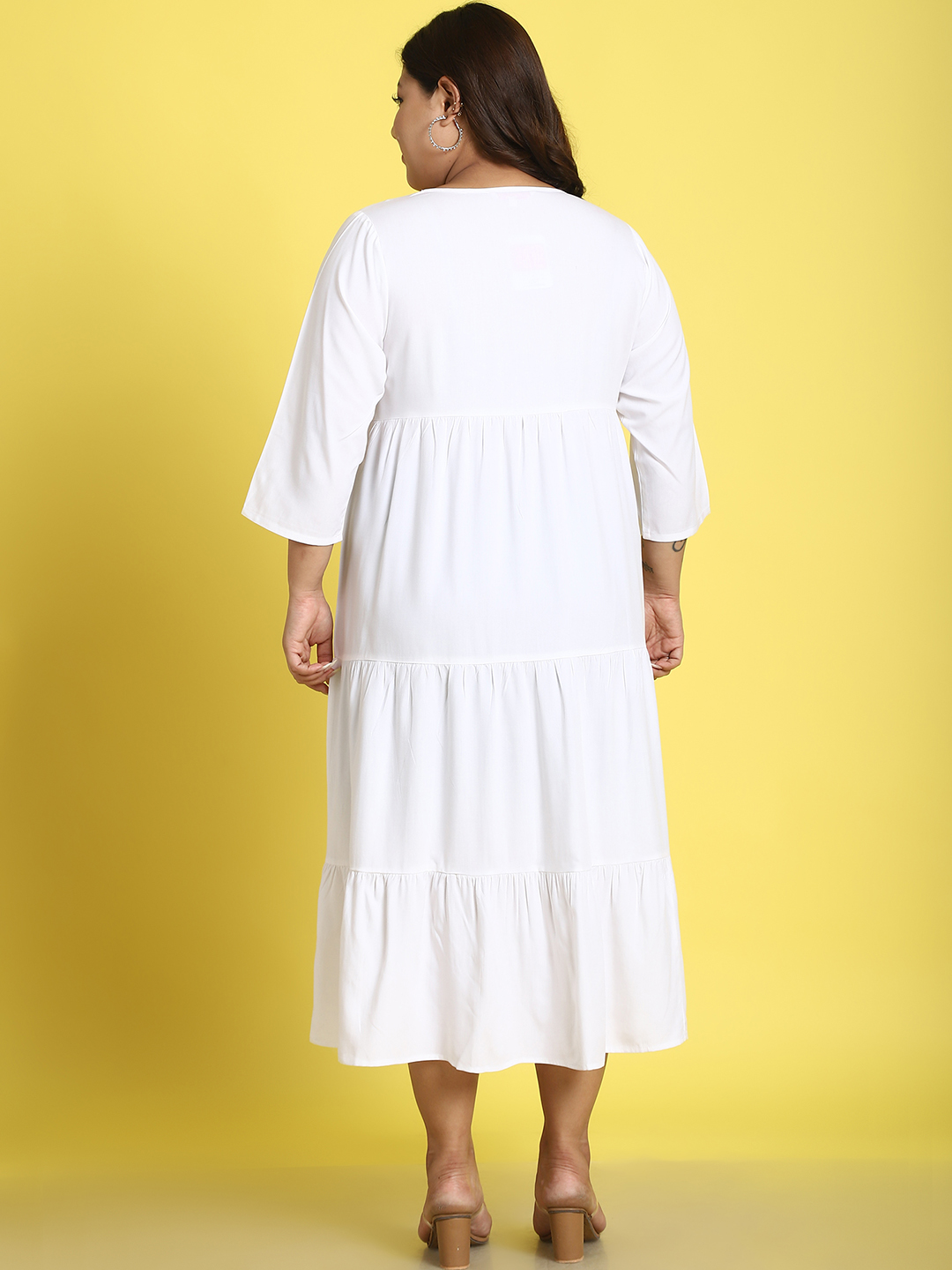 Women's Plus Size White Solid Color A-Line Midi dress