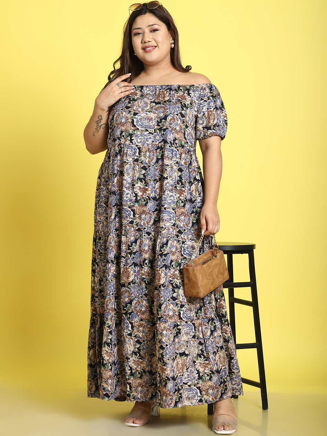 Women's Plus Size Navy rose Floral printed A-Line Maxi dress