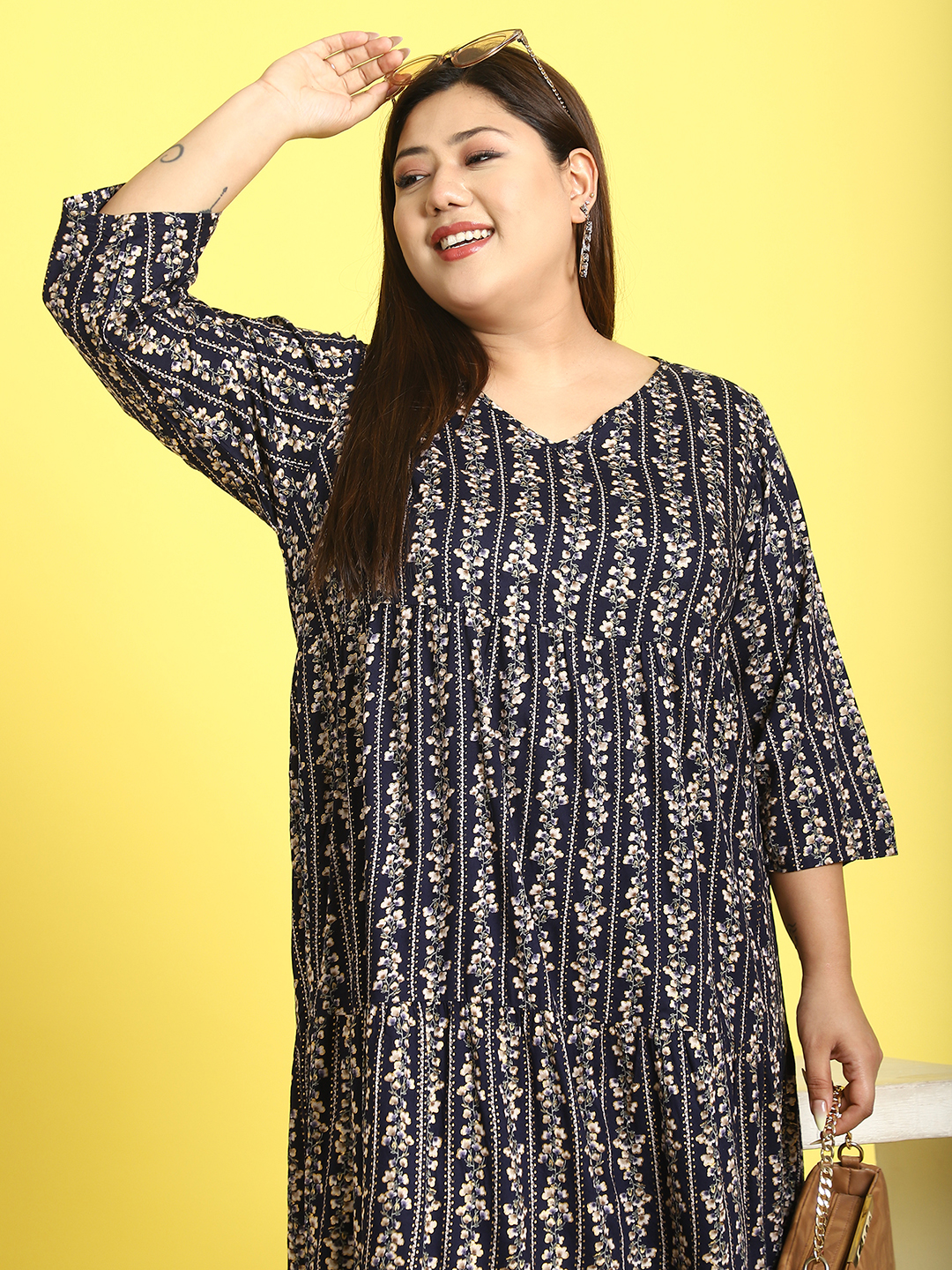 Women's Plus Size Navy Gold Foil Printed A-Line Midi dress