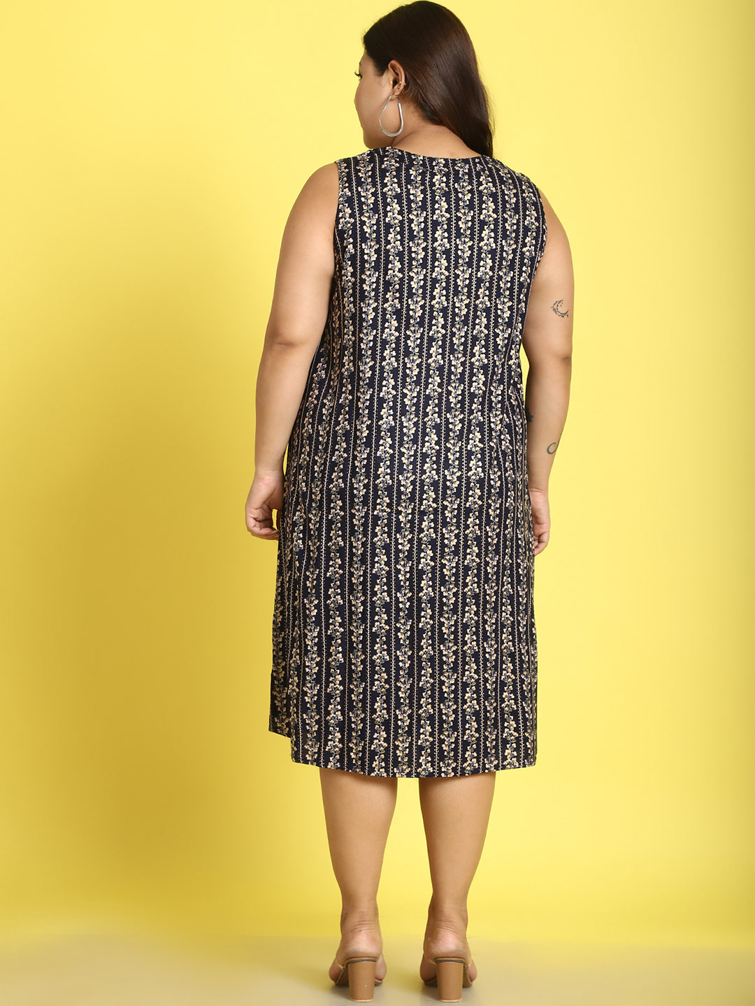 Women's Plus Size Navy Gold Foil Printed A-Line Midi Dress