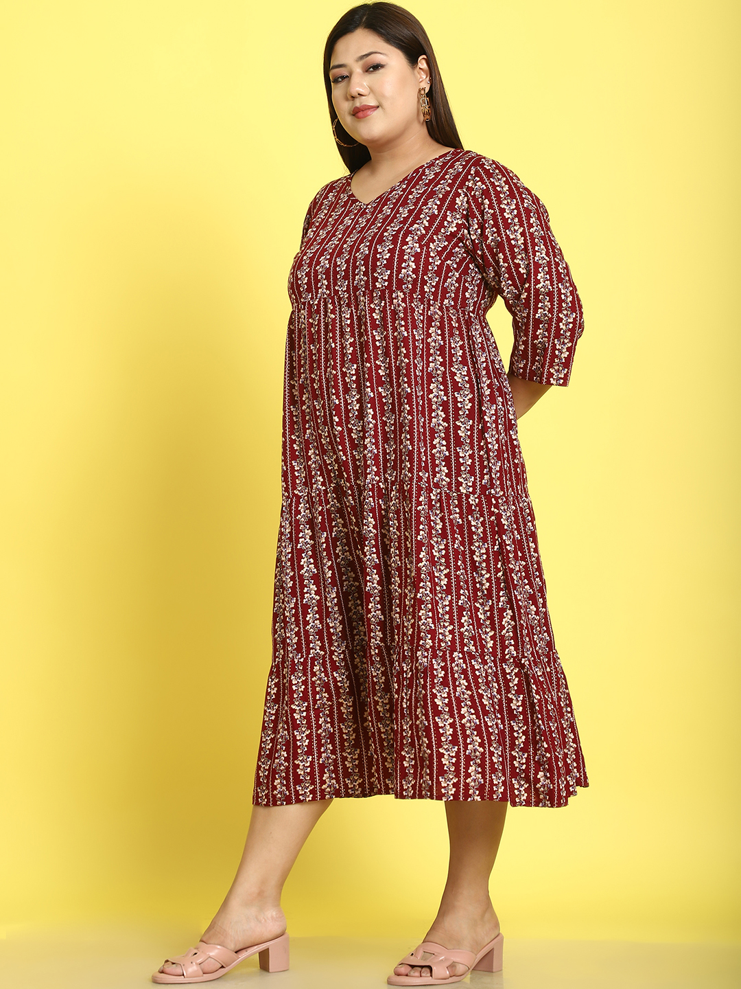 Women's Plus Size Maroon Gold Foil Printed A-Line Midi dress