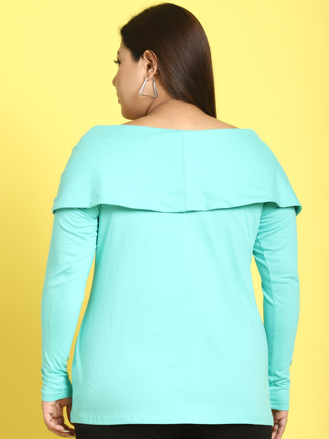 Women's Plus Size Sea Green Solid Color Cotton Knitted Party Wear Top