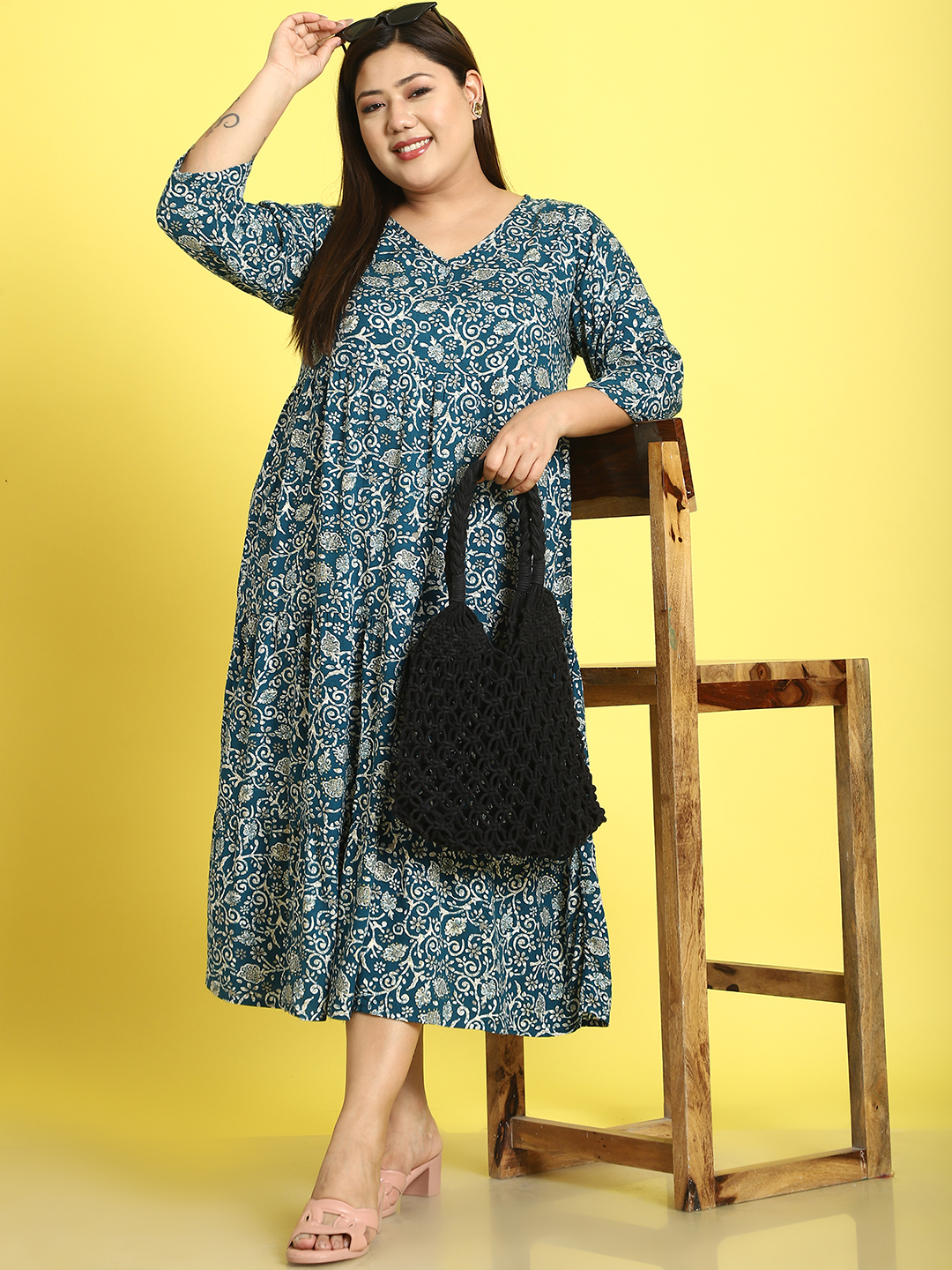 Women's Plus Size Teal Batik floral printed A-Line Midi dress