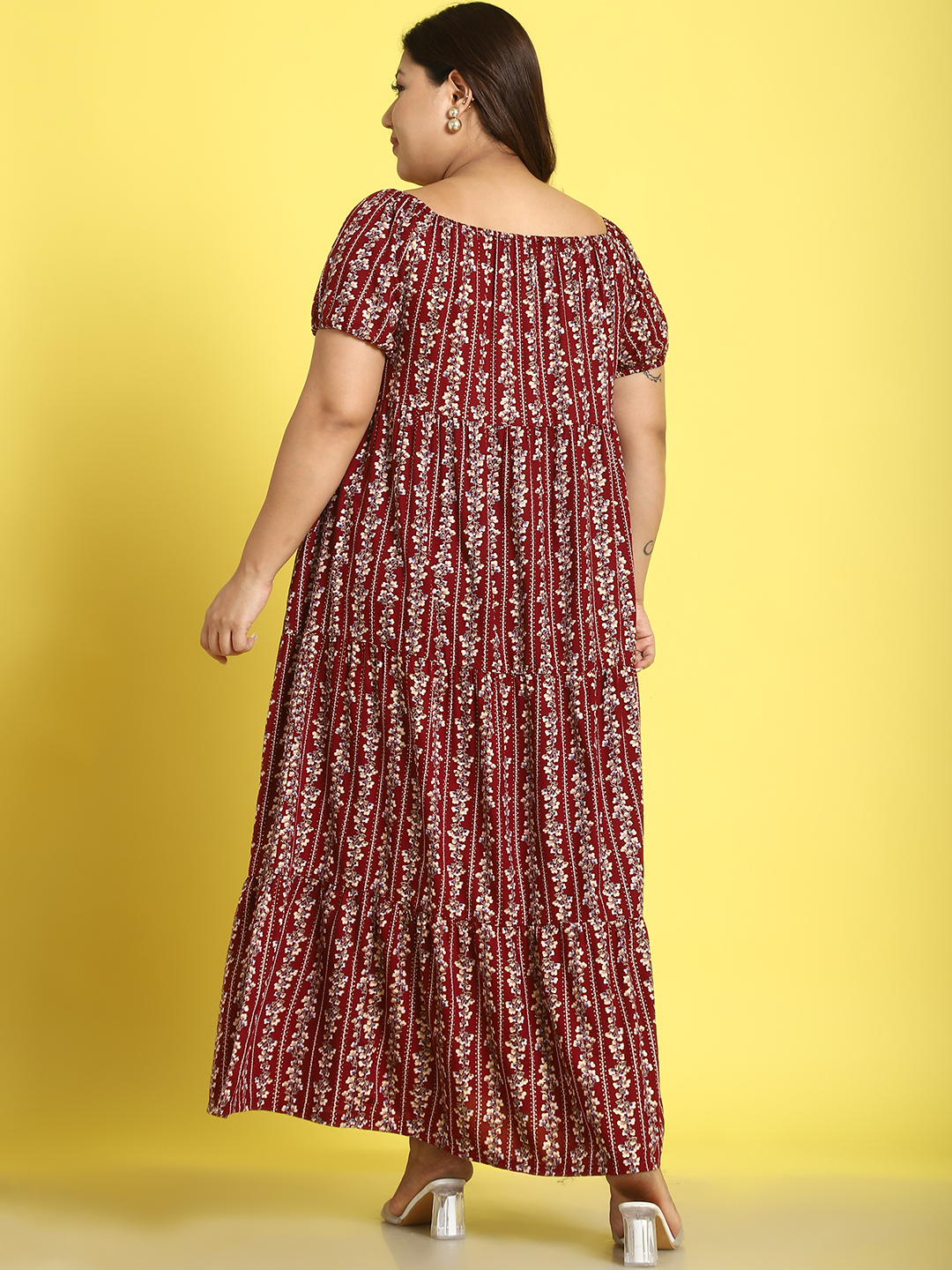 Women's Plus Size Maroon gold floral printed A-Line Maxi dress