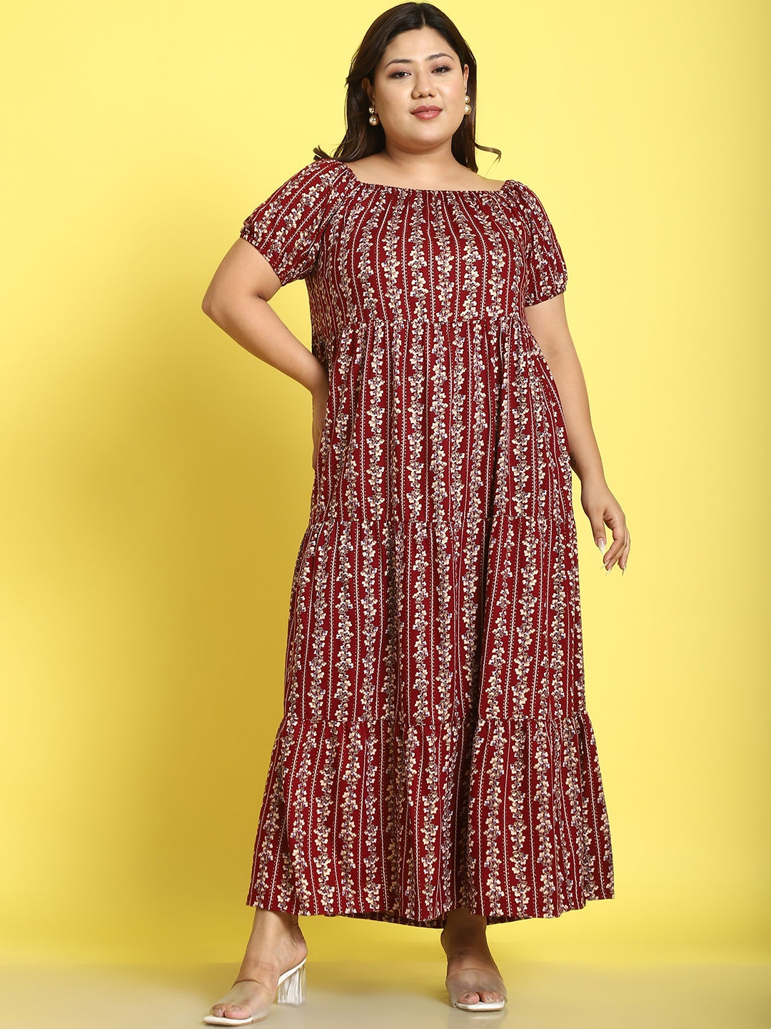 Women's Plus Size Maroon gold floral printed A-Line Maxi dress