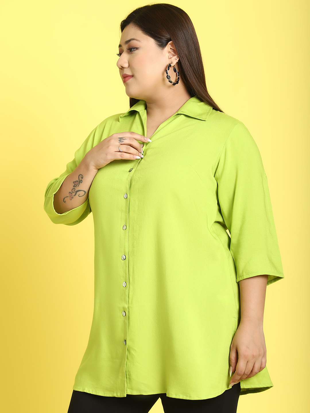 Women's Plus Size Green Solid Color woven casual shirt