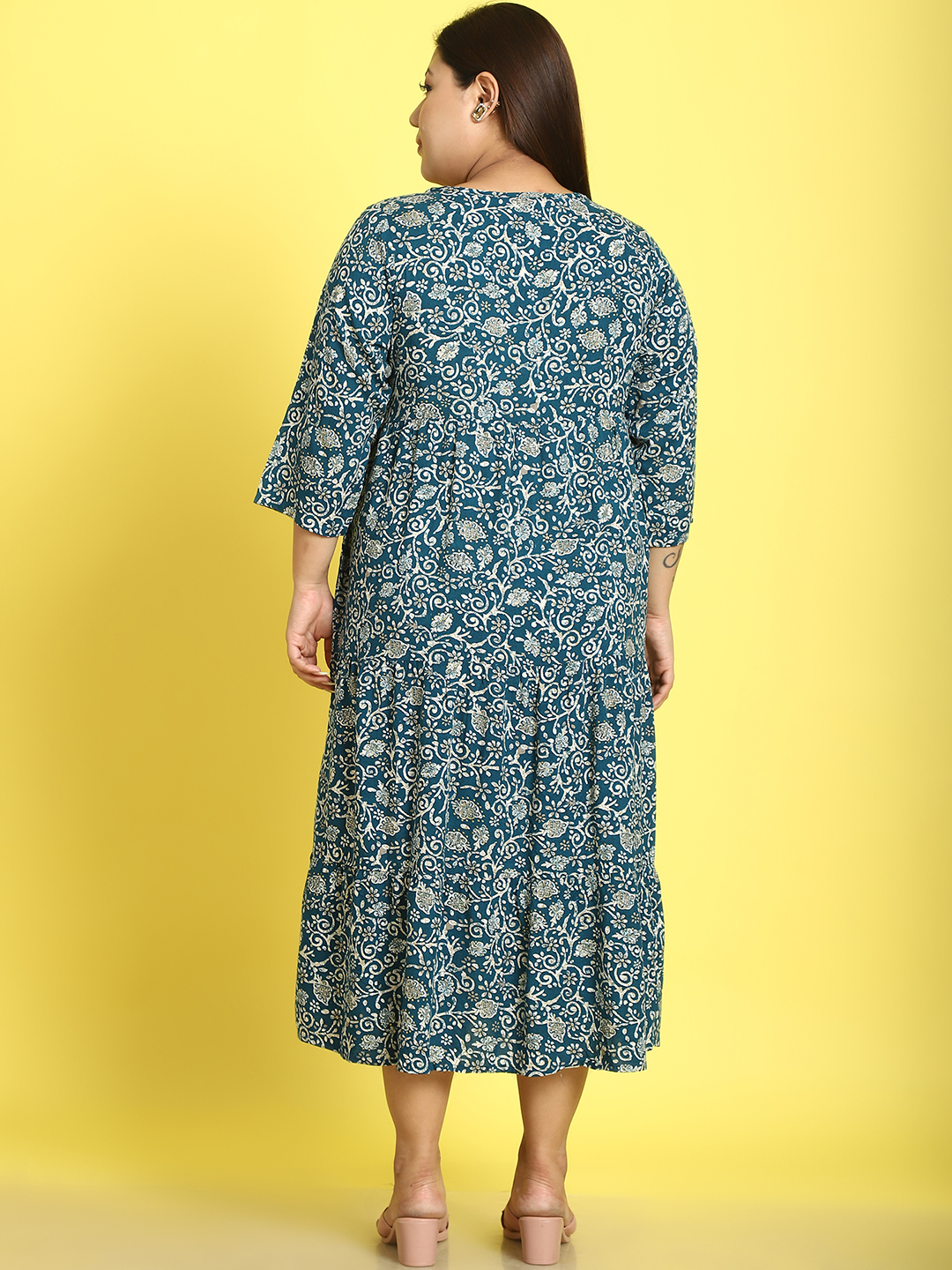 Women's Plus Size Teal Batik floral printed A-Line Midi dress