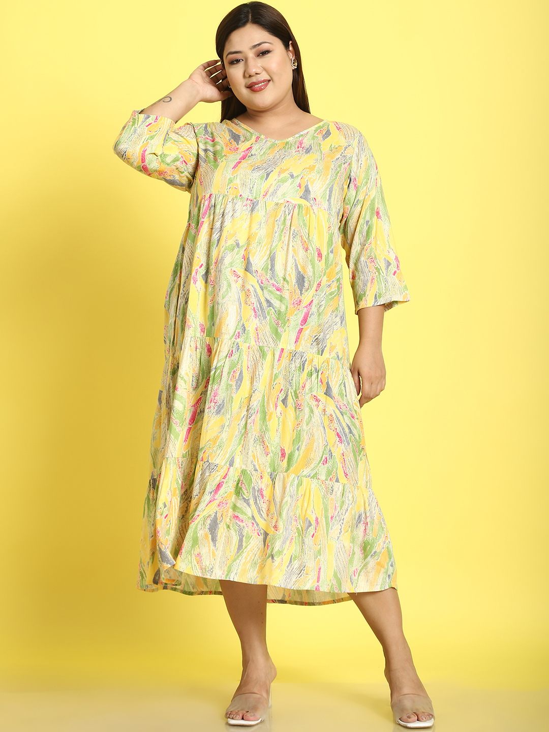 Women's Plus Size Yellow Gold Foil Printed A-Line Midi dress