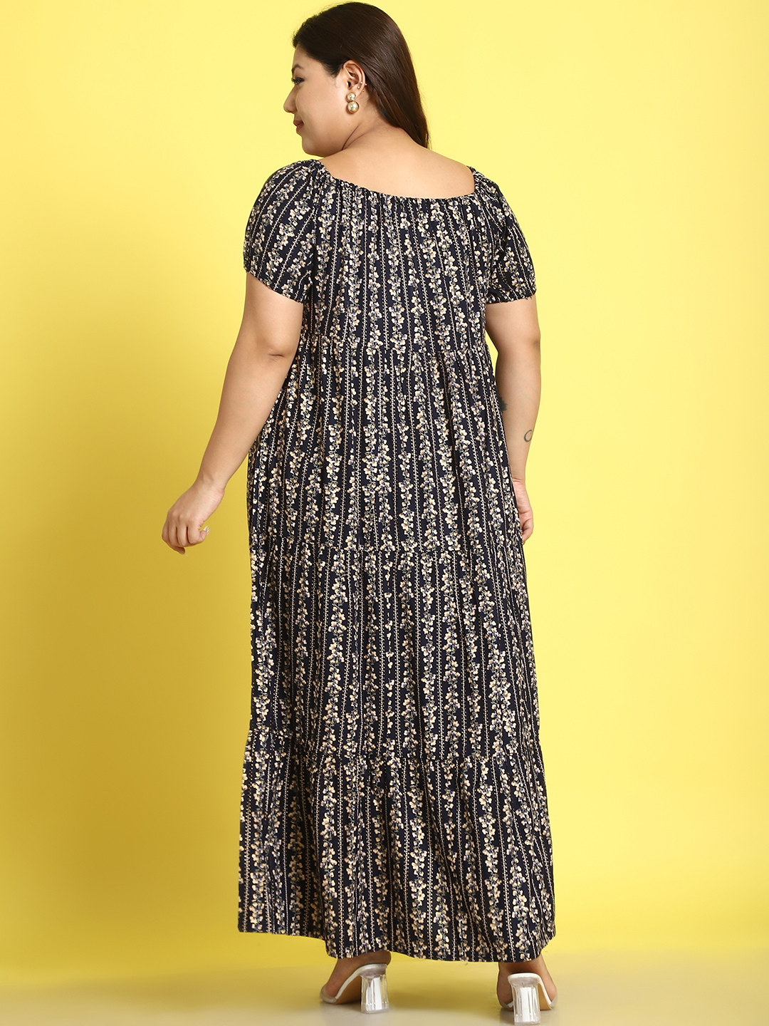 Women's Plus Size Navy Gold Floral printed A-Line Maxi dress