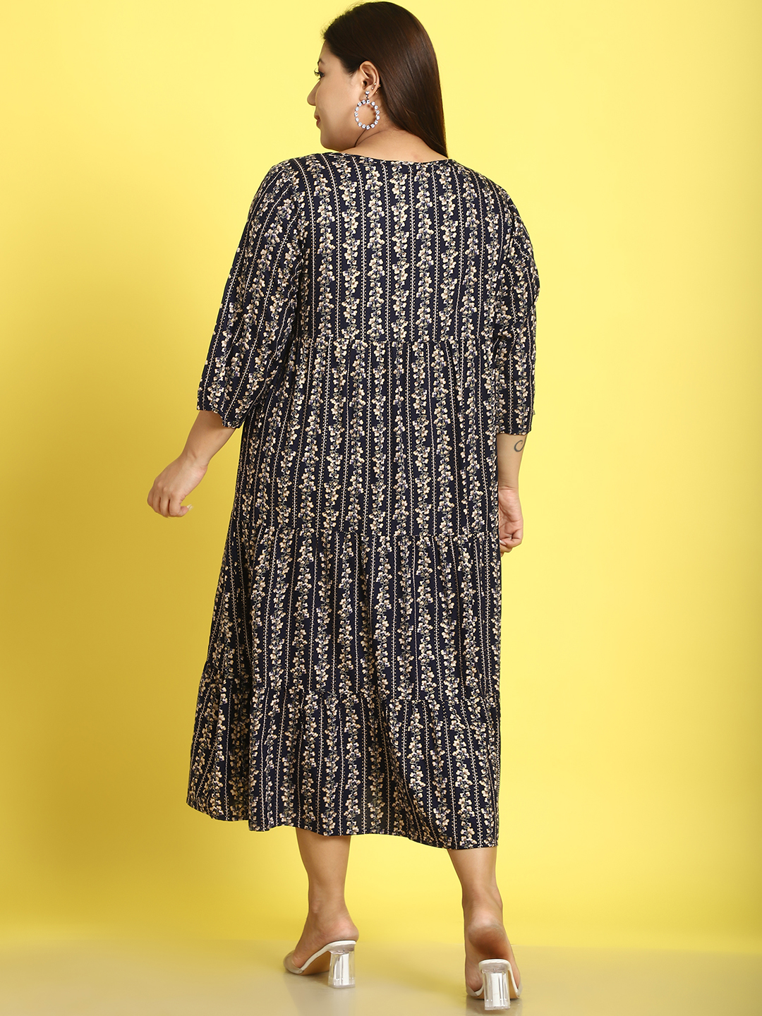 Women's Plus Size Navy Gold Foil Printed A-Line Midi dress