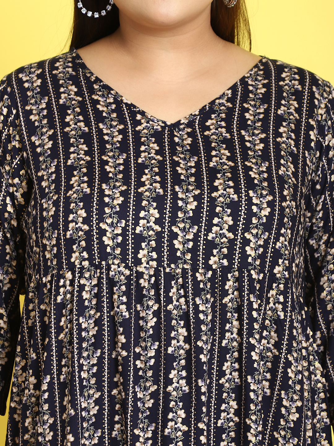 Women's Plus Size Navy Gold Foil Printed A-Line Midi dress
