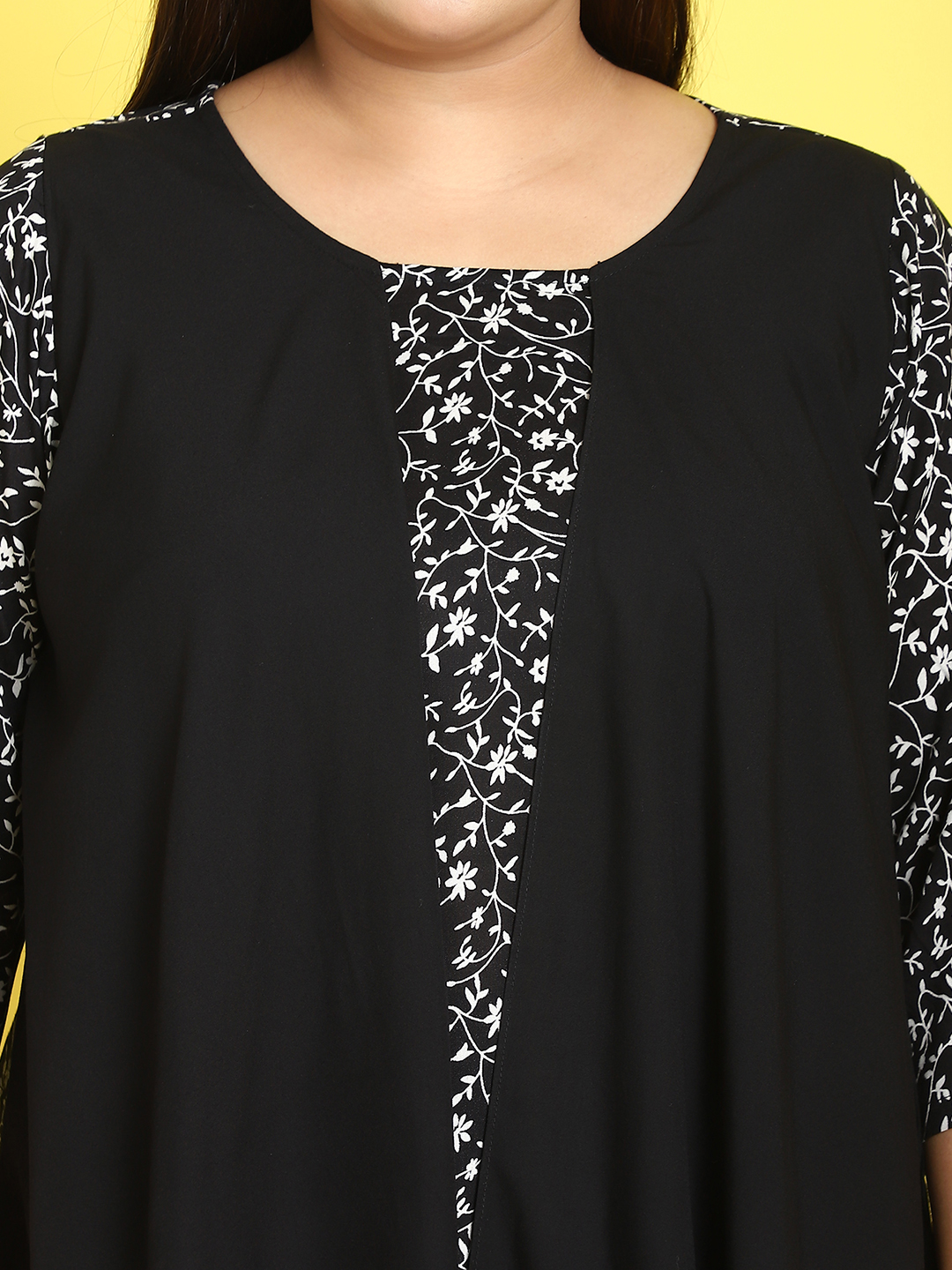 Women's Plus Size Black small floral printed dress with attached black solid color mock layered jacket