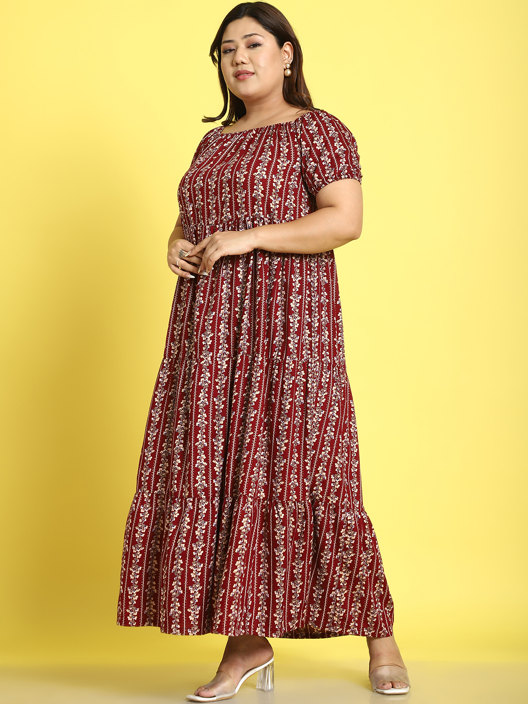 Women's Plus Size Maroon gold floral printed A-Line Maxi dress