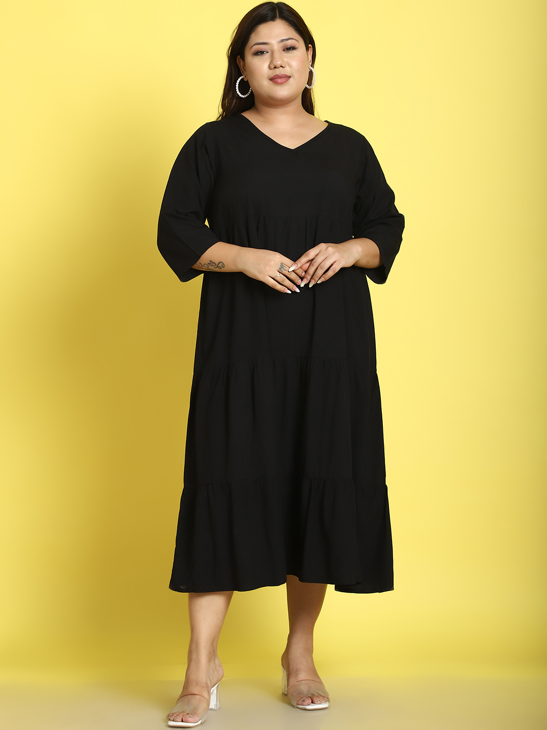 Women's Plus Size Black Solid Color A-Line Midi dress