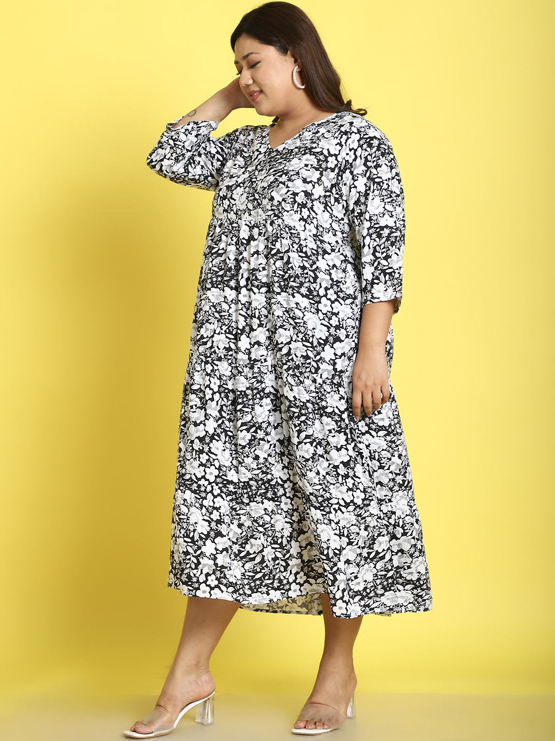 Women's Plus Size Black & White Floral printed A-Line Midi dress