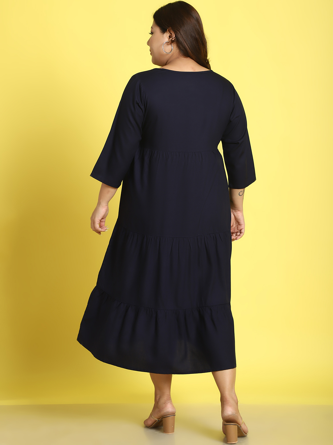 Women's Plus Size Navy Blue Solid Color A-Line Midi dress