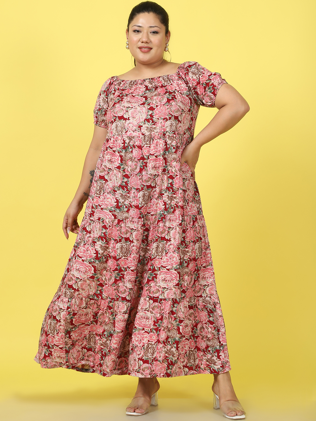 Women's Plus Size Maroon rose floral printed A-Line Maxi dress