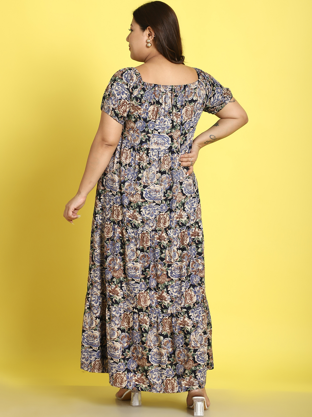 Women's Plus Size Navy rose Floral printed A-Line Maxi dress