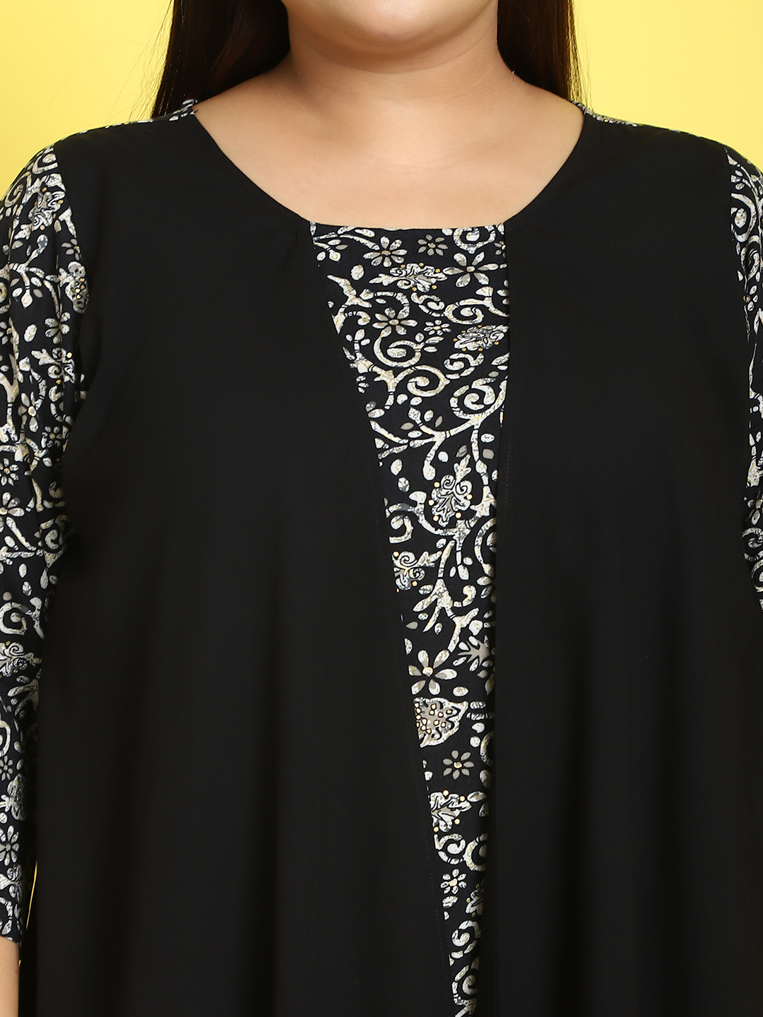 Women's Plus Size Black batik floral printed dress with attached solid color mock layered jacket