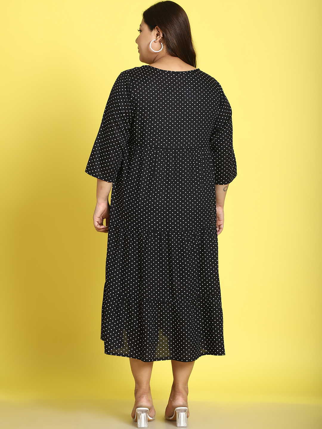Women's Plus Size Black Polka Dot printed A-Line Midi dress