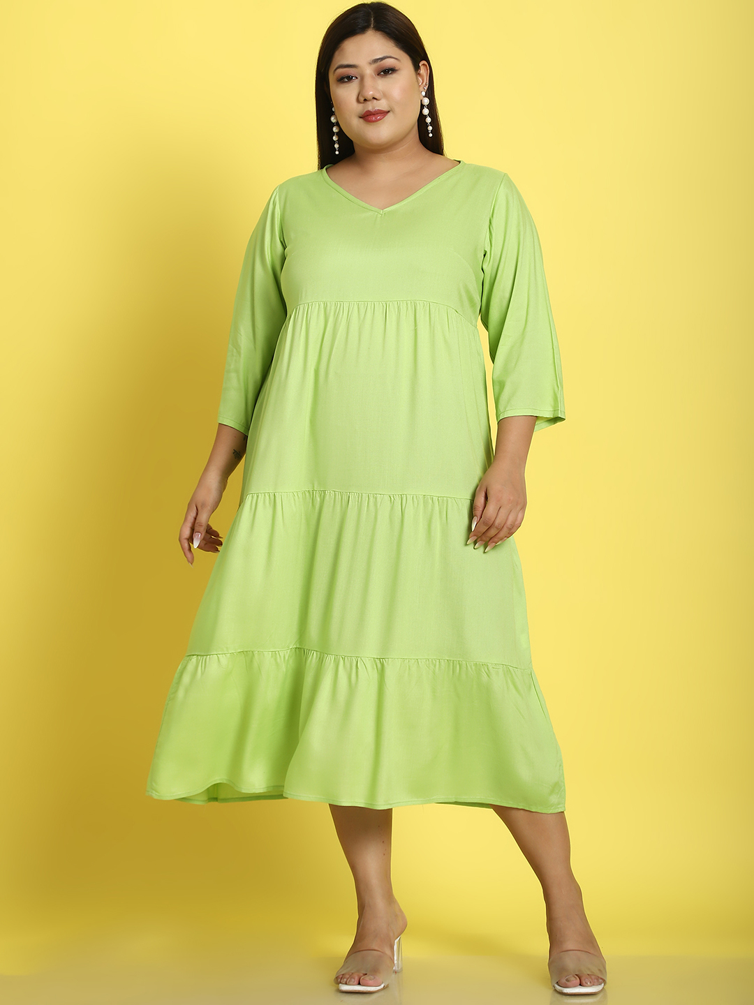 Women's Plus Size Green Solid Color A-Line Midi dress