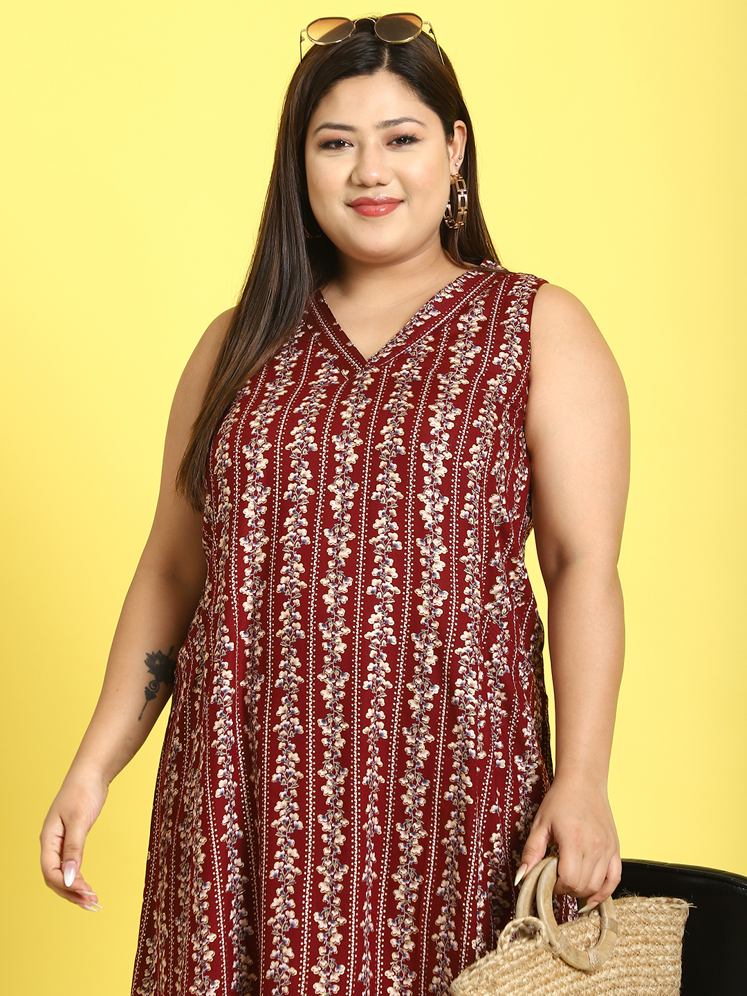Women's Plus Size Maroon Gold Foil Printed A-Line Midi Dress