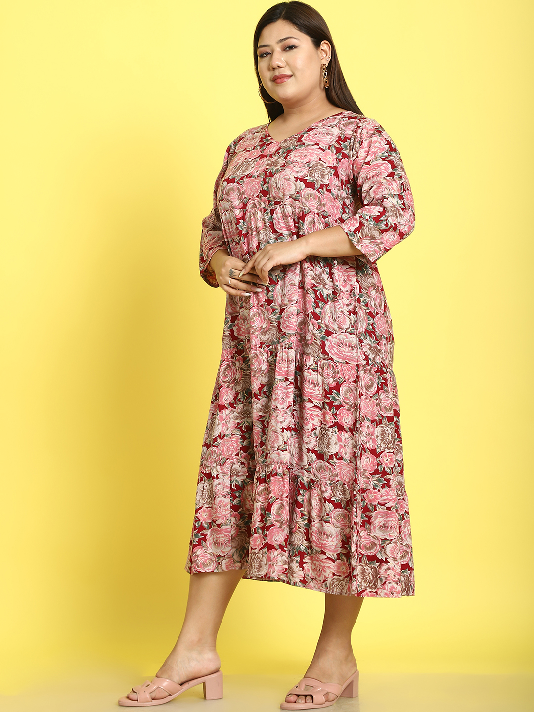 Women's Plus Size Maroon Rose Floral Printed A-Line Midi dress