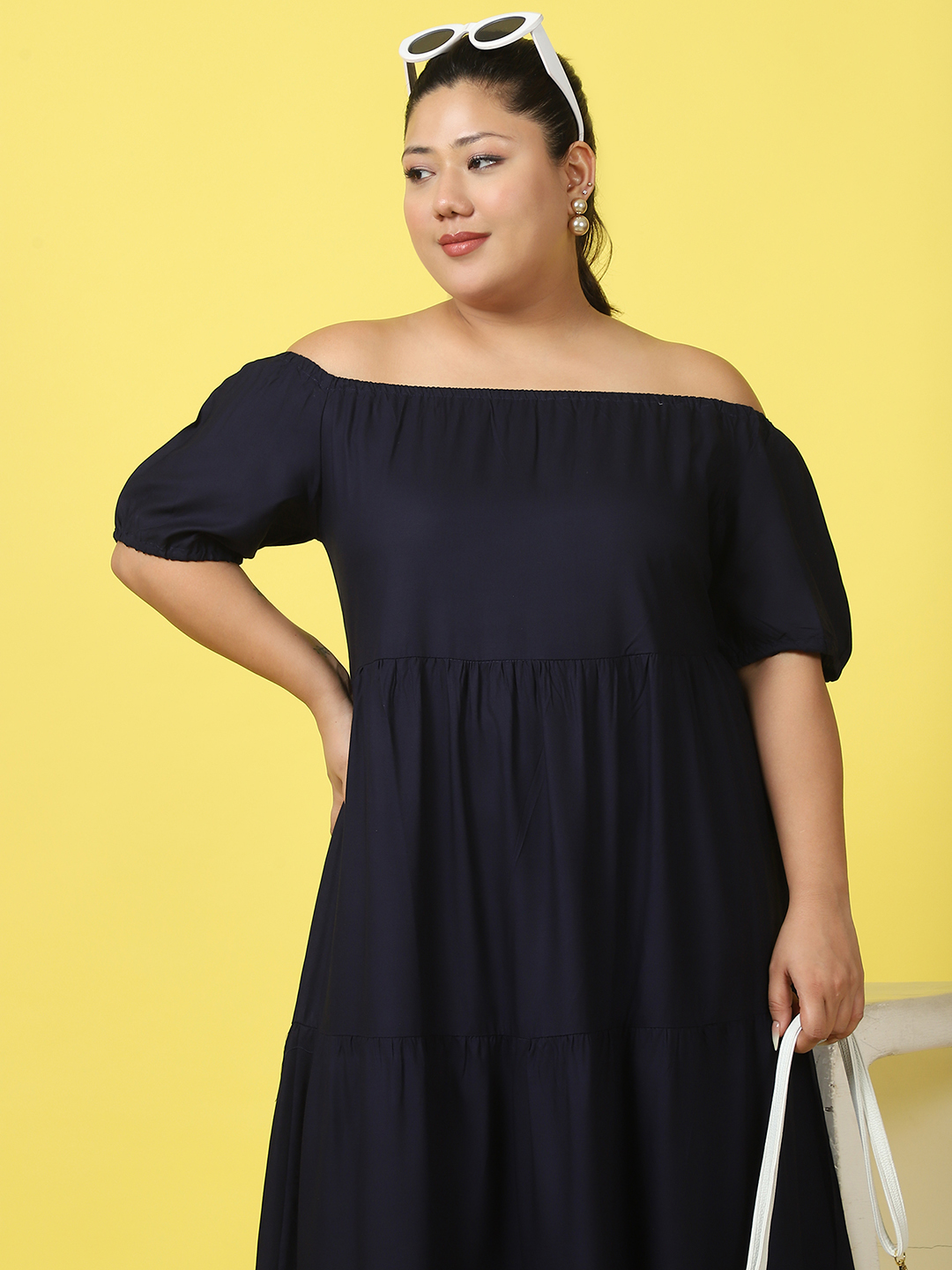 Women's Plus Size Navy Blue solid color A-Line Maxi dress