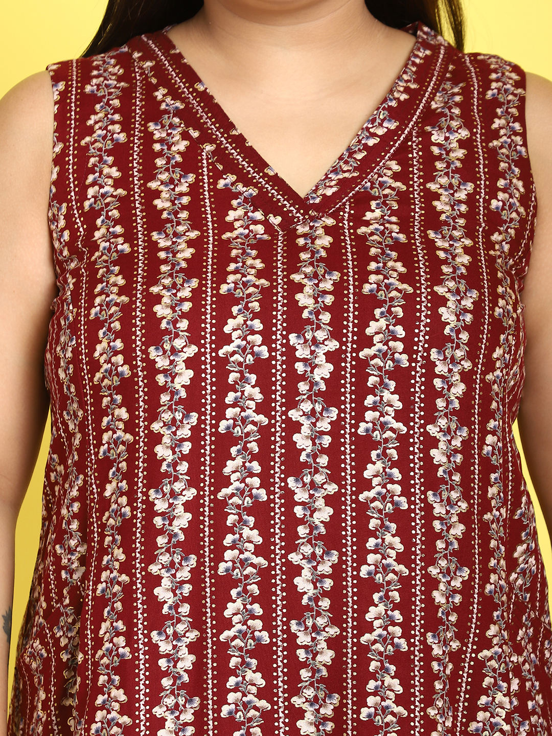 Women's Plus Size Maroon Gold Foil Printed A-Line Midi Dress