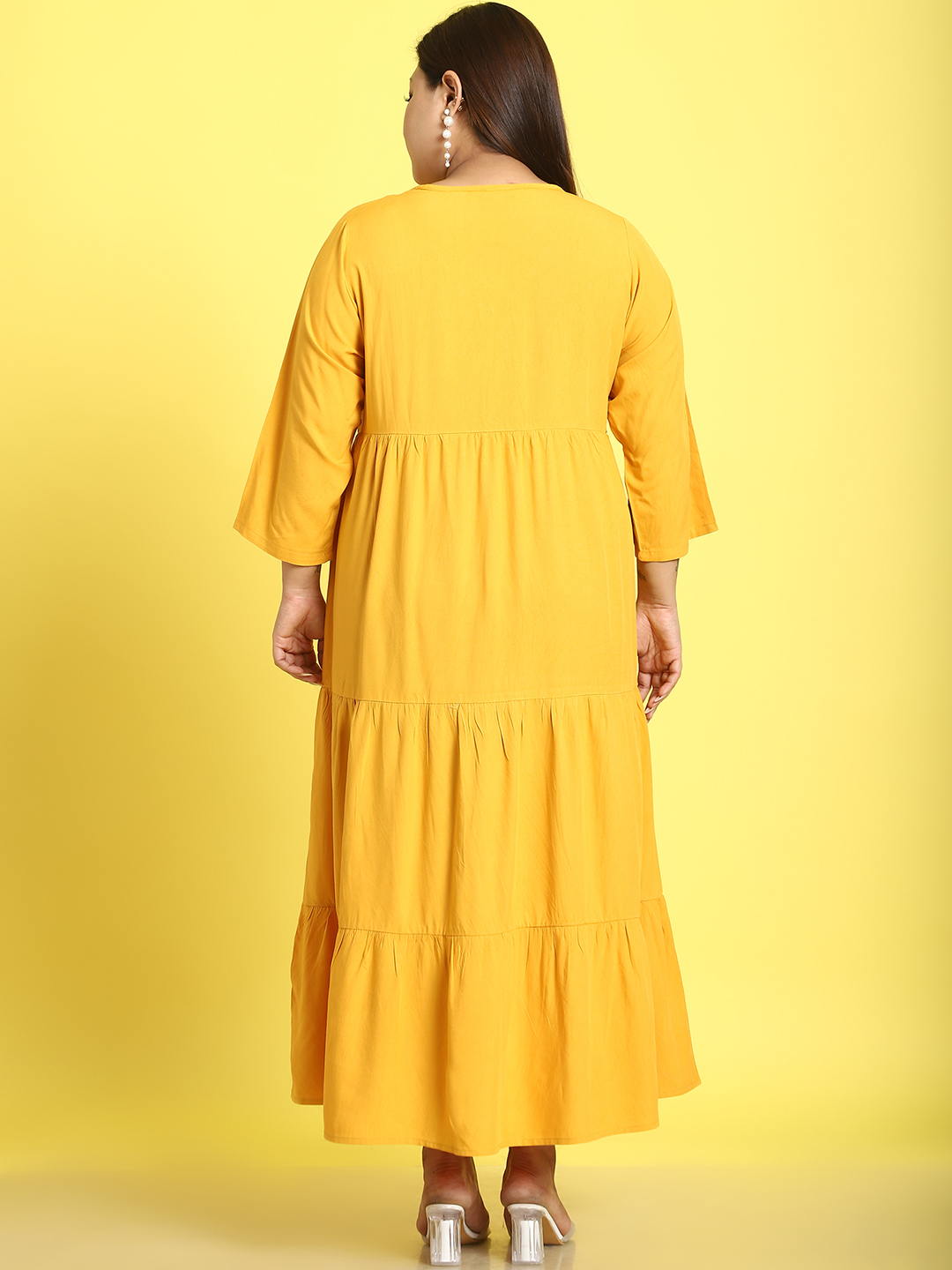 Women's Plus Size Yellow Solid Color A-Line Midi dress