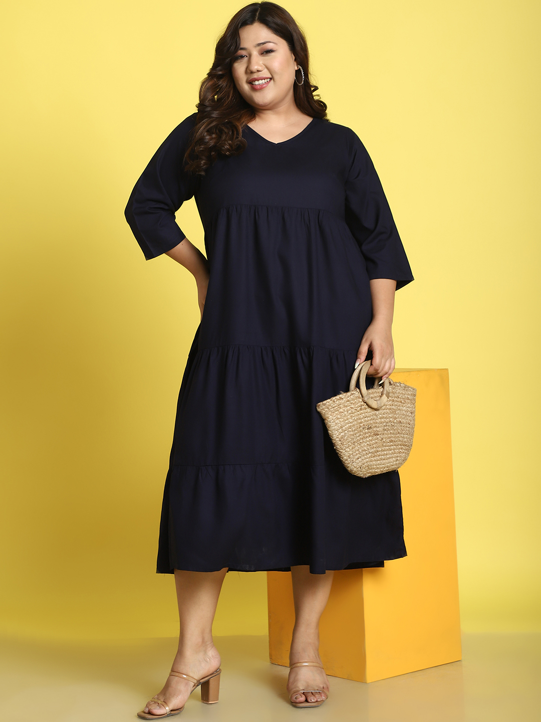Women's Plus Size Navy Blue Solid Color A-Line Midi dress