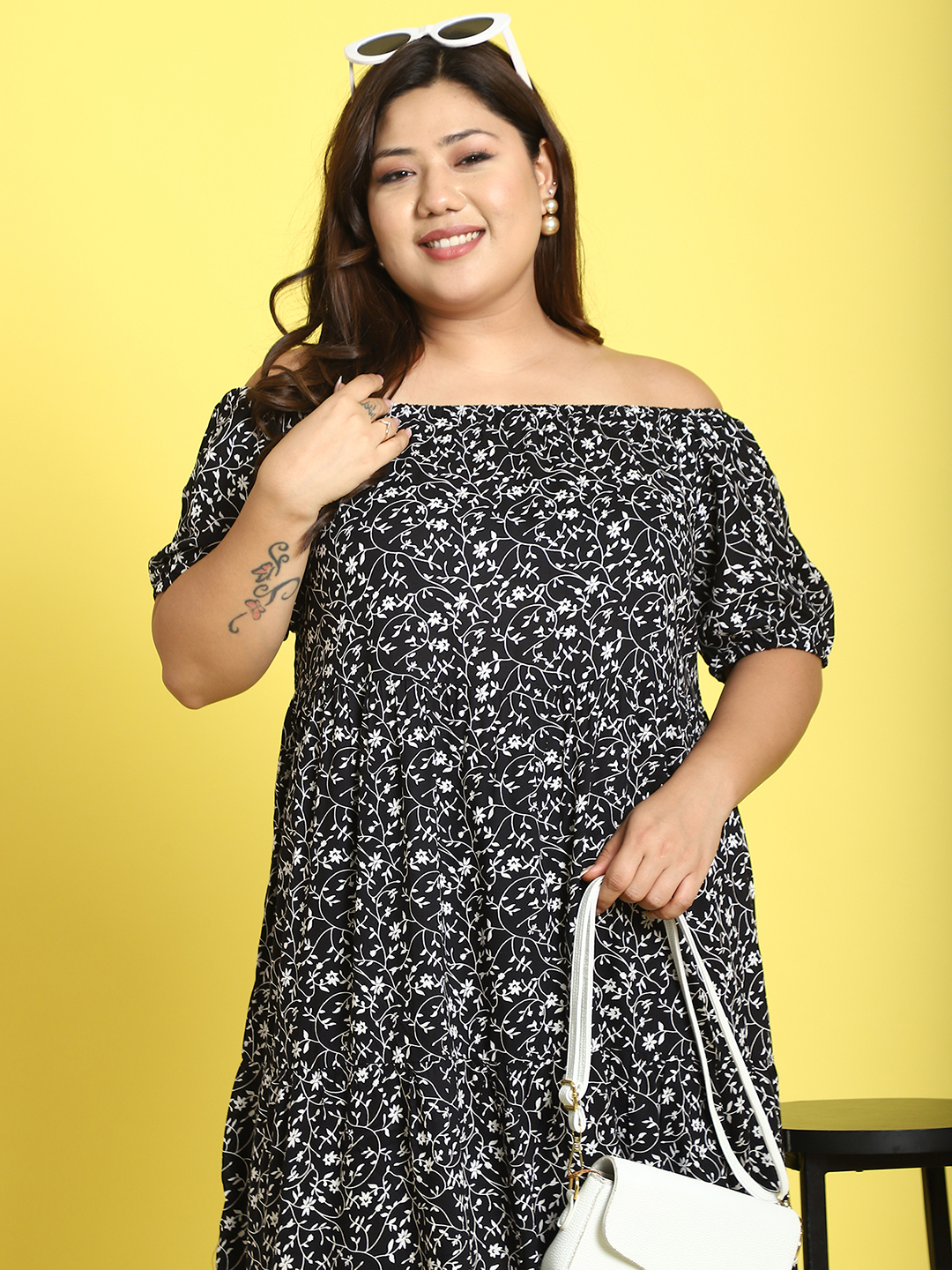 Women's Plus Size Black small floral printed A-Line Maxi dress